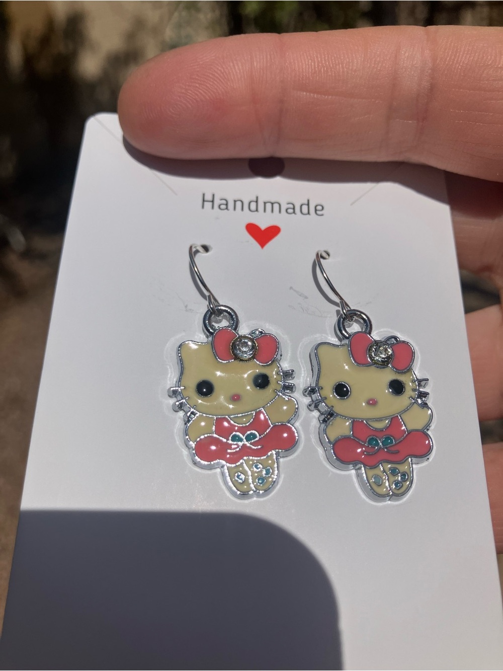 Handmade Cream and Pink Cat Dangle Earrings